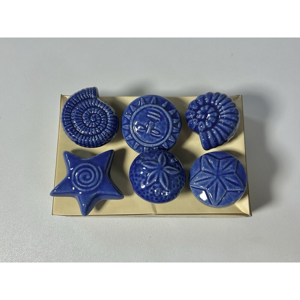 Blue Ceramic Seashell Beach Ocean Theme Drawer Cabinet Knobs Pulls Set Of Six
